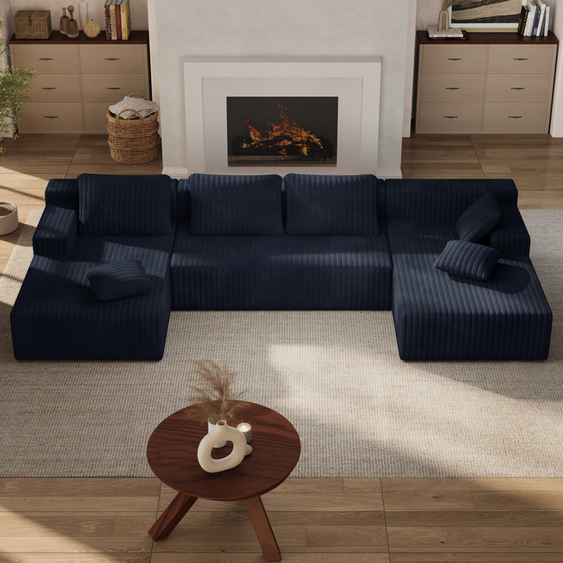 Canapé modulaire en forme de L de Boneless, Velours côtelé bleu marine