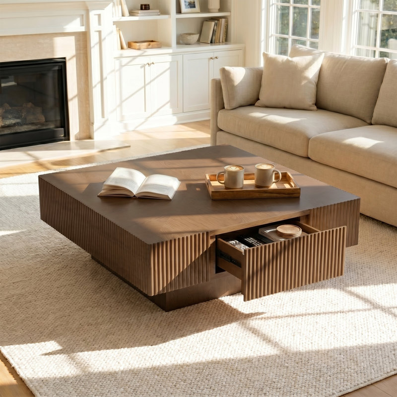 Table basse 35 po carrée en bois massif brun moderne avec tiroirs de rangement cachés à 2 voies, détails cannelés, parquet, table basse à grain de bois
