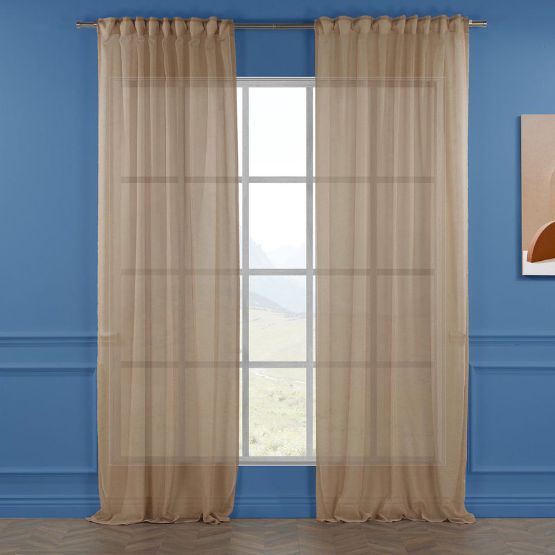 Extra Long & Extra Wide Faux Linen Sheer Curtain Single Panel, 140cm Width x 145cm Drop, Light Brown