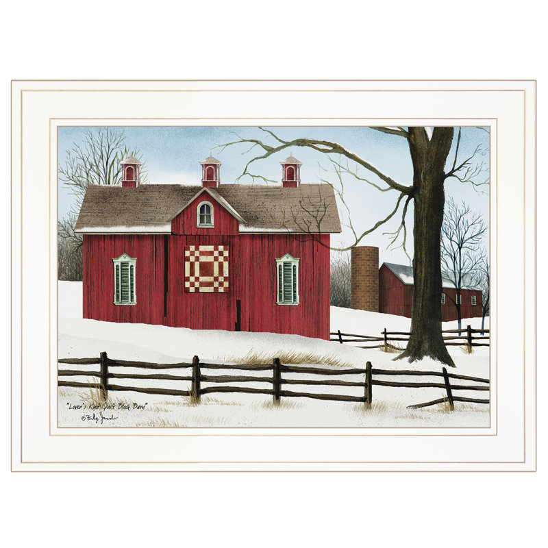 " Lovers Knot Quilt Block Barn ", White Framed, 15" H x 19" W x 1" D