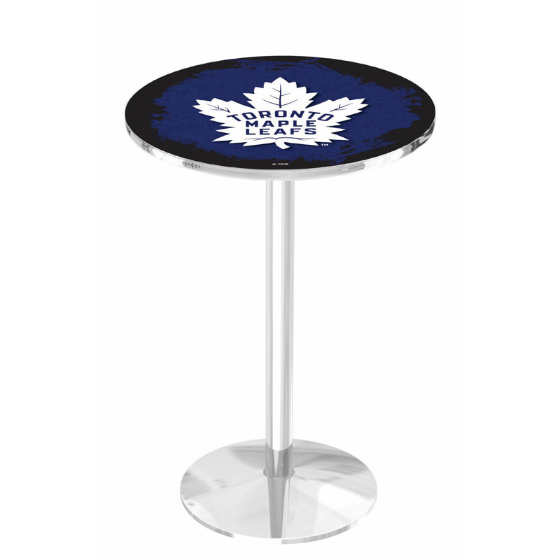 NHL Round Metal Base Dining Table, Chrome, Toronto Maple Leafs