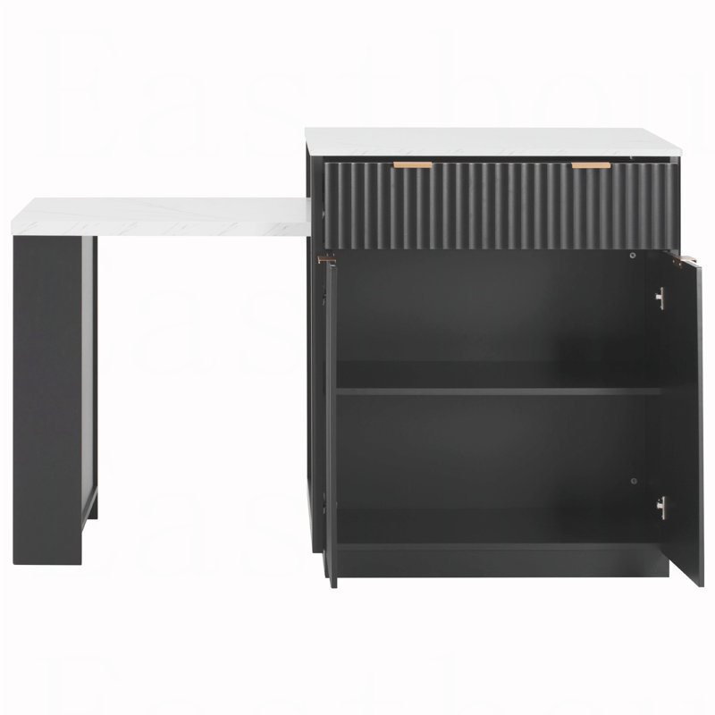 82.6" Fluted Kitchen Island with Extendable Dining Table for 4-6, Island Table for Kitchen with Power Outlet, Kitchen Table with Double-Side Storage, 2 Drawers 2 Side Open Shelves, Black