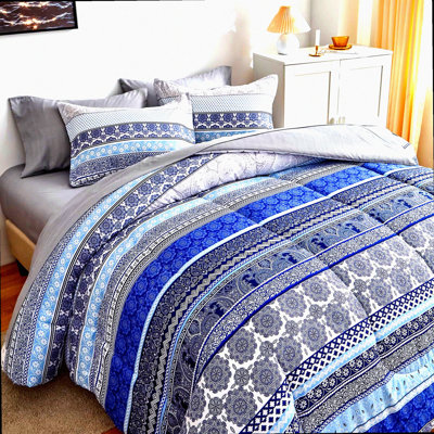 Boho Stripe Queen Bed Set - 7 Piece Geometric Comforter & Sheet Collection - Blue Grey Reversible Bedding Ensemble with Pillow Shams & Cases