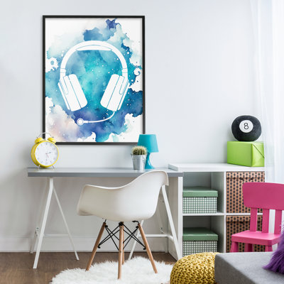 Blue Headphone Splatter Framed Giclee, design by Marcus Prime