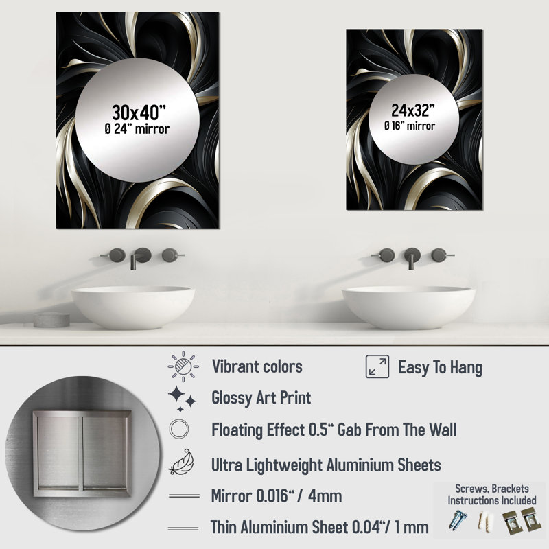 Nadud Deep Black Silver Elegance - glam  Mirror, Modern Unique Wall Mirror, Printed Metal Art, 32" x 24"