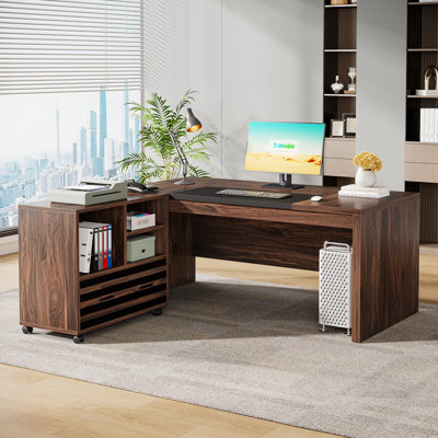 62.2" Executive Desk With Mobile File Cabinet, L-shaped Office Desk With Storage Shelves
