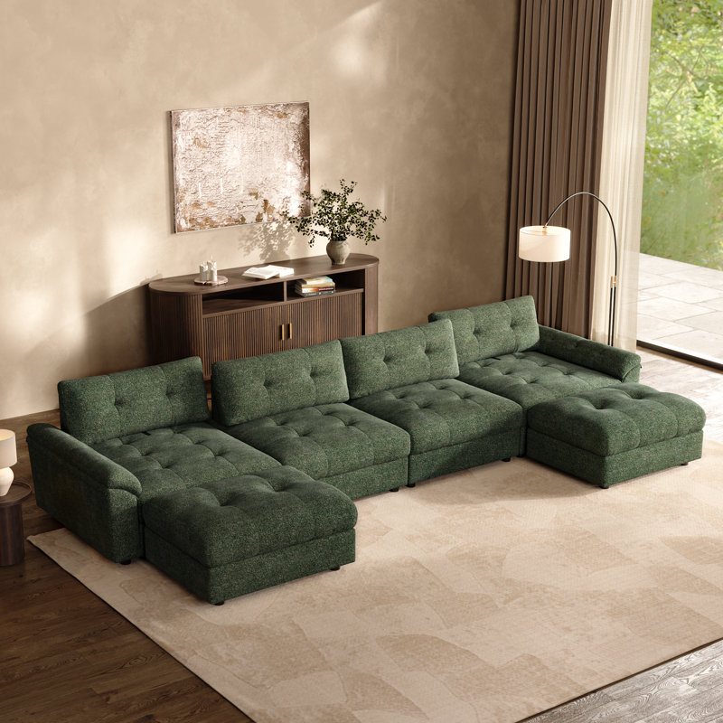 131" Adjustable Seat Depth Cloud Modular Sectional Sofa With Storage, Green Chenille, 36.5" H x 131" W x 68" D