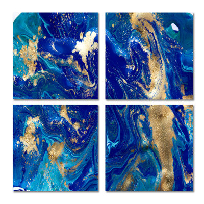 Or et bleu marbré texture ondulée II - ensemble d'art moderne sur toile 4 pièces
