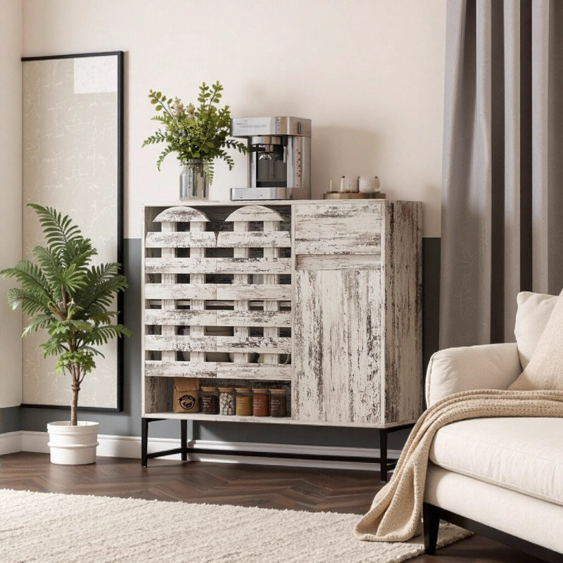 44.3" Farmhouse Sideboard Cabinet with Storage, Rustic Coffee Bar Console Table with Arched Lattice Doors & Drawer - Weathered White, for Living Room, Kitchen, Entryway