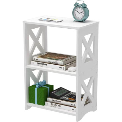 Table d'appoint étroite avec rangement, table de chevet mince à 3 niveaux pour les petits espaces, table de bout moderne blanche, table de chevet, bibliothèque pour le salon, la chambre à coucher, la salle de bain et le bureau.