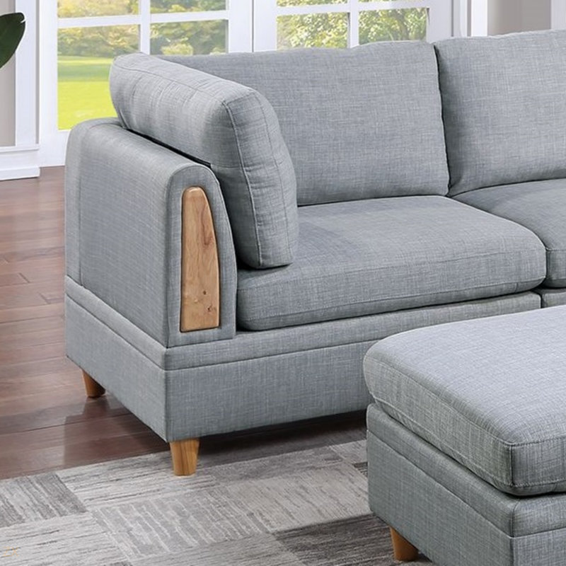 Ensemble de canapé modulaire contemporain en tissu 6 pièces Dorris, Bois jaune moyen, Tissu gris pâle