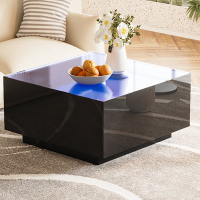 Square High Glossy Coffee Table With 16-LED Strip S, Modern Centre Table With 5Mm Frosted Top For Living Room, 27.5*27.5In