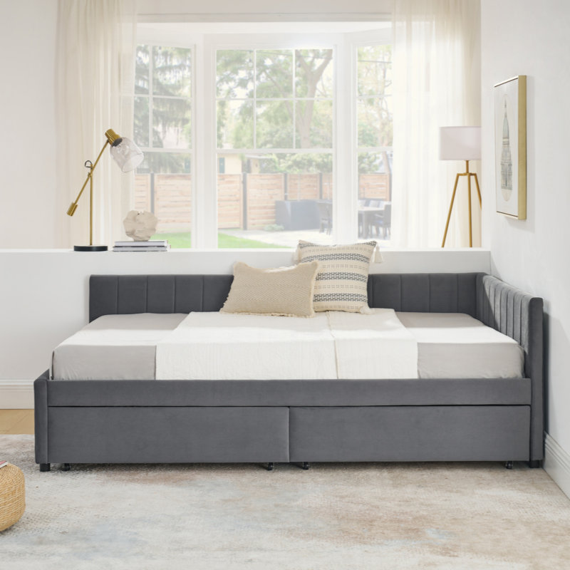 Velvet Upholstered Tufted 3-in-1 Sofa Bed & Daybed - 2 Storage Drawers, Ergonomic Backrest/Armrests, 300lbs Capacity for Living Room/Bedroom/Office