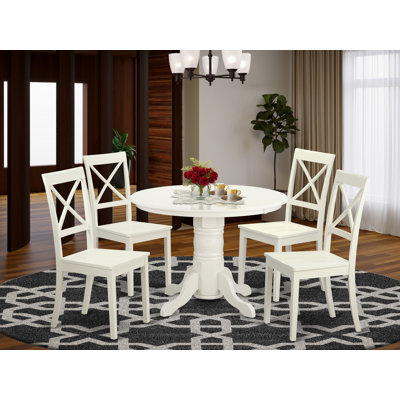 5 Piece Dining Room Table Set Includes a Round Wooden Table with Pedestal and 4 Kitchen Dining Chairs, Linen White