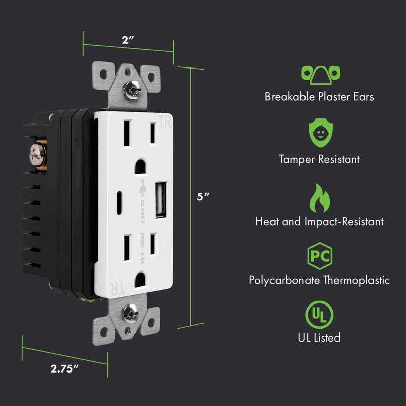 Chargeur de prise murale TopGreener USB, type C et type A, réceptacle de décoration 15A - blanc, avec plaque murale (paquet de 3)