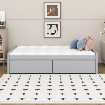 Twin Platform Bed With Storage, Solid Rubber Wood Daybed With Storage Drawers, Corner Bed Frame, Wooden Slat Support