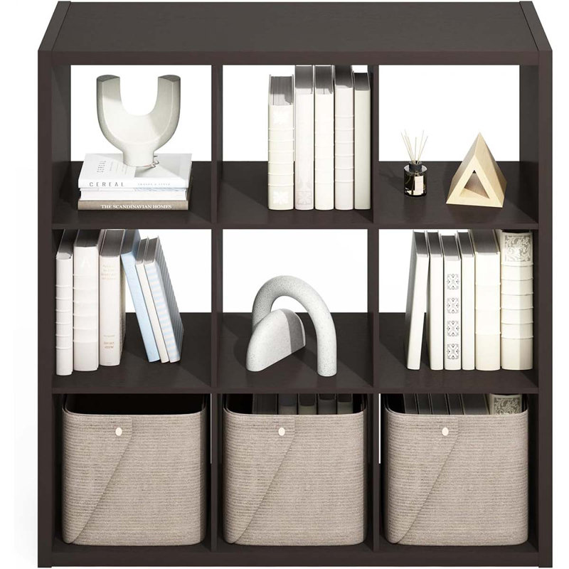 Simple Open Back Cube Storage Organizer, Standing Shelf, 9-Cube, Dark Oak