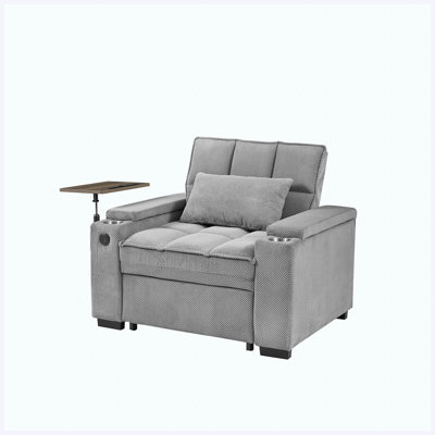 Light Grey Single Sleeper Sofa Bed with 6-Position Adjustable Backrest, USB Ports, Cup Holder & Swivel Side Table