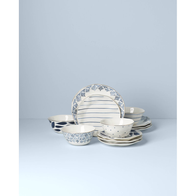 Blue and White Porcelain 12-Piece Floral Dinnerware Set