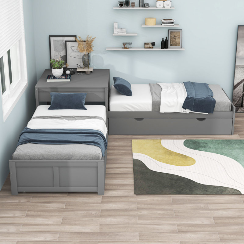 Lits plateforme simples en L à 2 tiroirs avec lit gigogne et table intégrée, gris