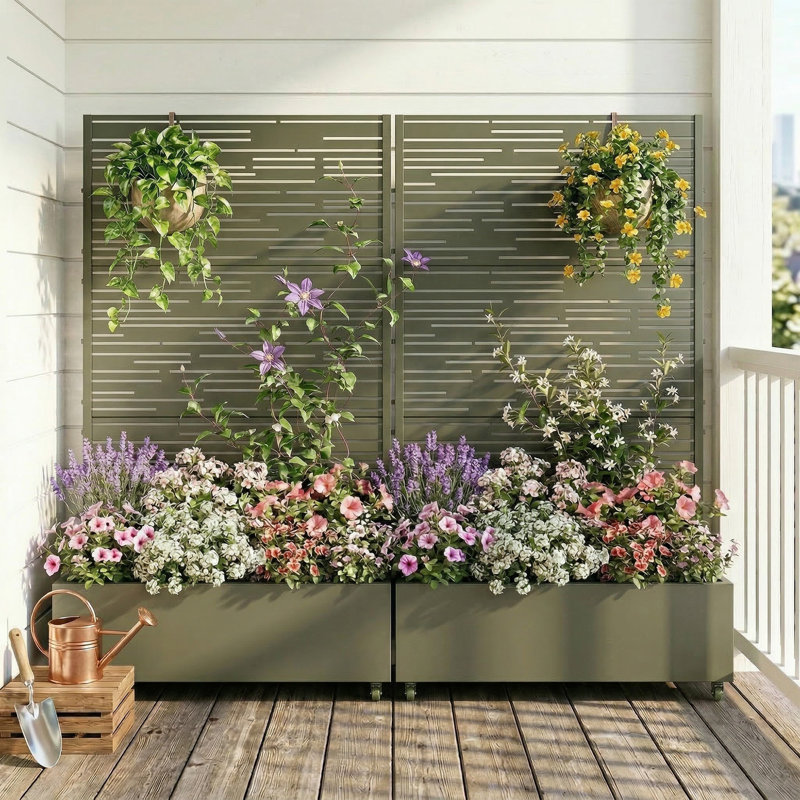 Lit de jardin en métal avec treillis et roues H 6 pi x l 4 pi - gris, Vert