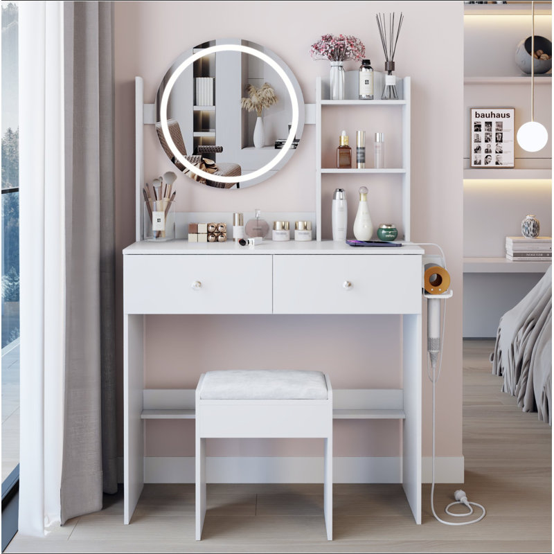 17" Round LED Mirror Vanity Table+Cushioned Stool, Equipped With 2 AC+2 USB Power Socket, Big Mirror, Touch Switch, 3 Colors, Adjustable Brightness, Large Desktop, Multi-Layer High Capacity Storage