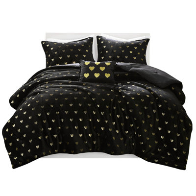 3 édredon ultraléger noir / or avec coussin décoratif pour lit simple / simple TG, lavable à la machine, envers en microfibre imprimé à l'envers