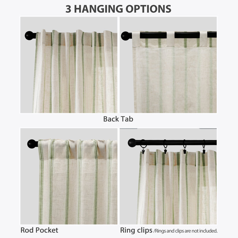 Farmhouse Striped Linen Blend Textured Light Filtering Semi Sheer Rod Pocket Back Tab Curtains, 52" W x 96" L, Loden Green