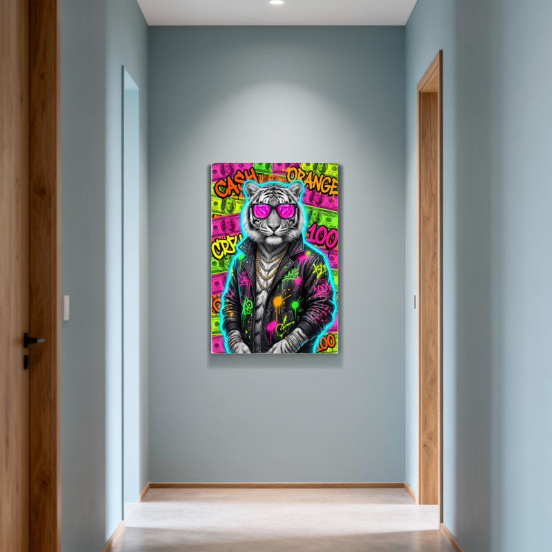 Animaux, tigre coloré avec des lunettes au néon et fond d'argent, H 18 po x l 12 po