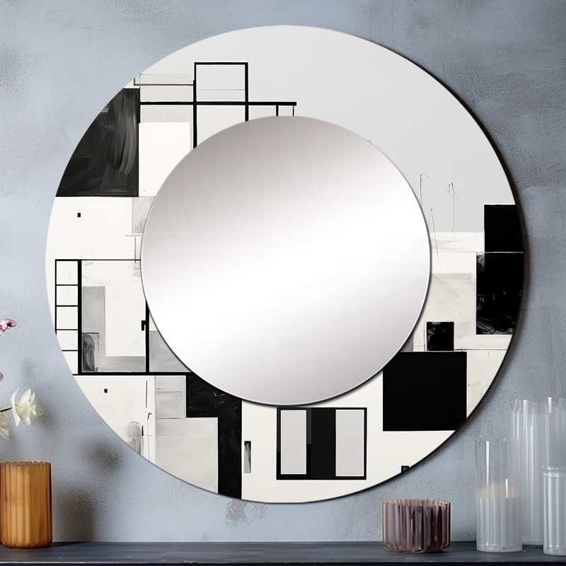 Rocheal cubique noir et blanc de Windows à l'océan - miroir unique abstrait, grand miroir mural rond blanc, impression d'art en métal