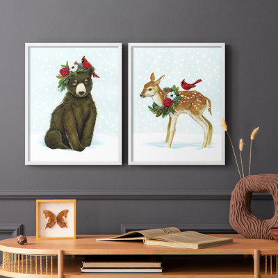 «Winter Woodland Creatures with Cardinals I», reproduction encadrée de qualité supérieure - prête à être accrochée - aucun clou requis - aucun clou requis