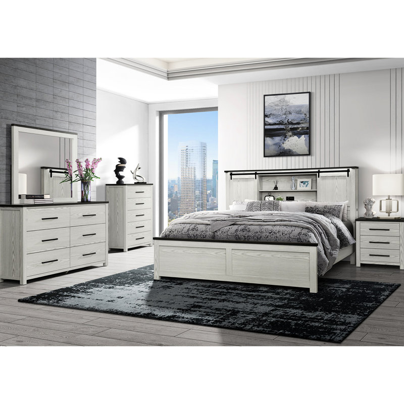 Structure de lit très grand beige avec tête de lit bibliothèque avec détails de barre noire, conception à profil bas, bois massif et construction, pour un usage transitionnel, nécessite un sommier tapissier, profondeur de 93,46 po, largeur de 80,08 po