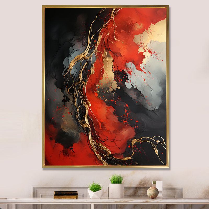 Volcan rouge et doré VI - art mural abstrait, Cadre flottant doré, H 40 po x l 30 po