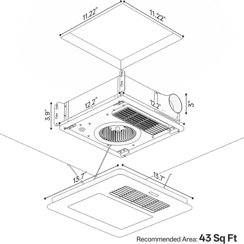 Ventilateur de salle de bain 4 en 1 avec lumière et chauffage, ventilateur noir miroir, silencieux et puissant pour la ventilation, télécommande