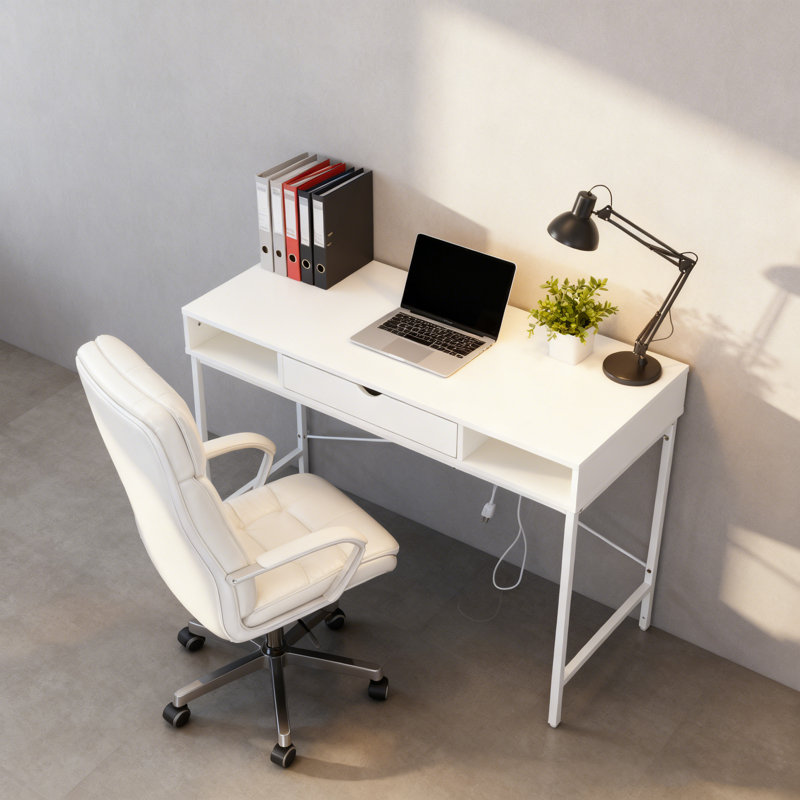 Desk with Built-in Outlets - Modern Office Desk with USB Charging Ports, White