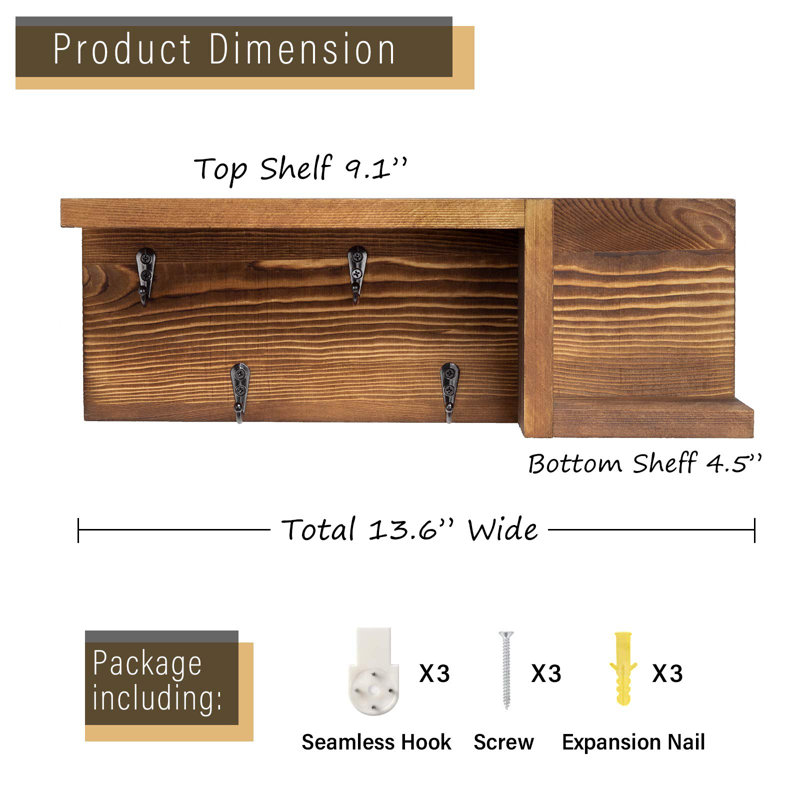 Wooden Mail And Keychain With Key Hook And Mail Sorter