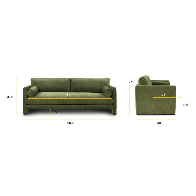 Distressed Green Velvet 90.5'' Upholstered Sofa with Bolster Pillows