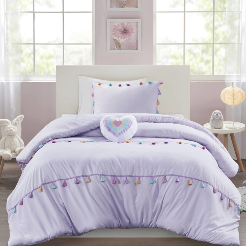Édredon pour lit simple 3 pièces avec oreiller en cœur - Microfibre à pampilles multicolores lavande, glands de lavande décoratifs