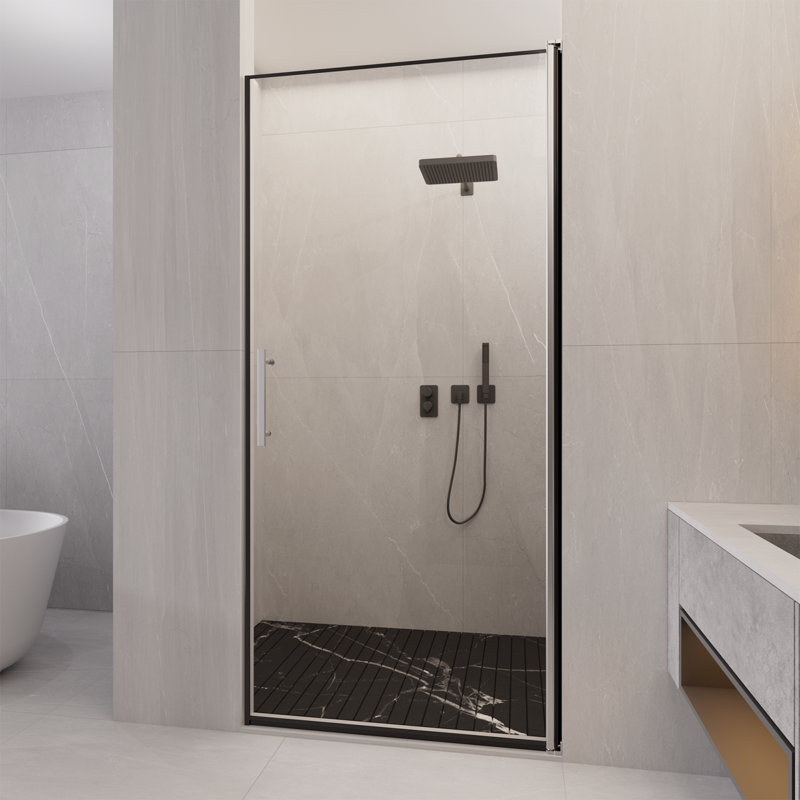 Porte de douche l 30 po x H 72 po, conception réversible sans cadre, verre trempé transparent de 1/4 po et film incassable, poignée en acier inoxydable, bandes d'étanchéité à l'épreuve de l'eau et bande en aluminium fixant le verre