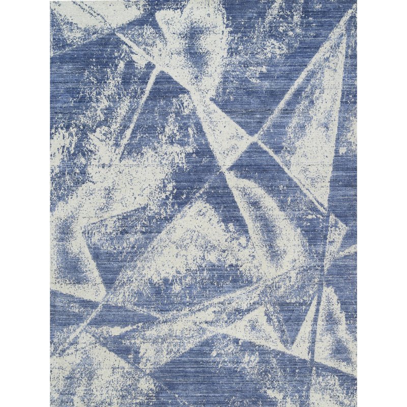Tapis argent et bleu noué à la main de haute qualité, Rectangle 12 pi x 15 pi