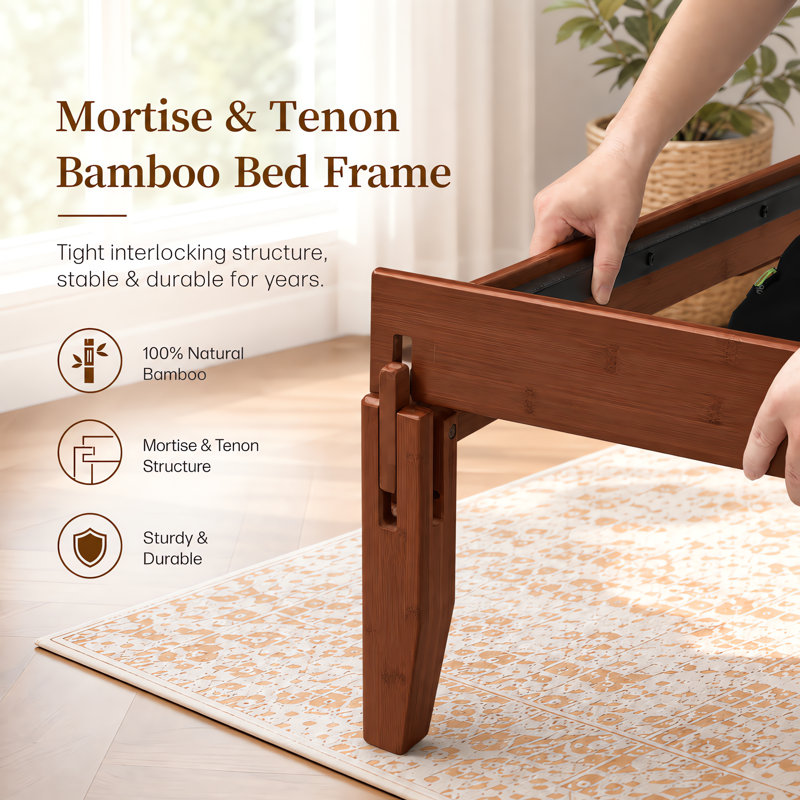 Cadre de lit plateforme écologique en bambou naturel, de style japonais, Très grand lit, Noyer