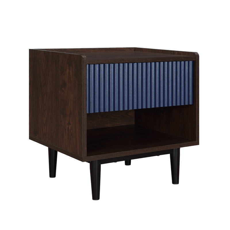 Duane 20" W Mid-Century Modern Nightstand with Full Extension Drawer and Shelf in Navy Blue, Dark Brown/Navy Blue