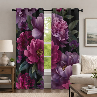 2 pièces de rideaux floraux de pivoine mauve, rideau de style botanique, rideaux élégants à motif floral avec œillets, habillage de fenêtre pour le décor de la chambre à coucher