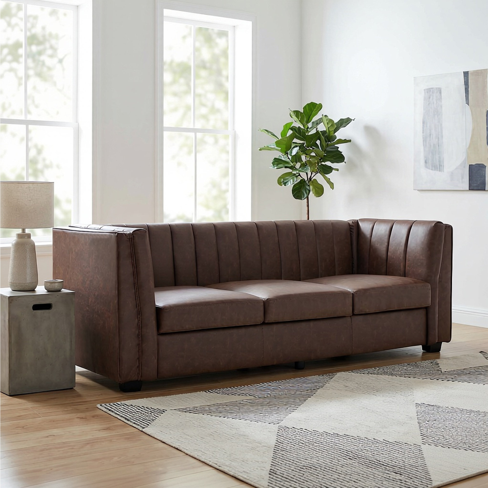 Allard Velvet Living Room Sofa, Mocha Faux Leather