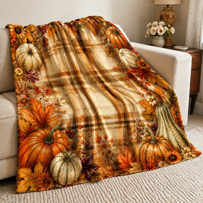 Jeté d'automne à imprimé citrouille à carreaux, couverture en molleton décorative chaude pour canapé-lit, salon, décoration d'automne