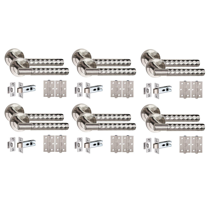 Golden Grace 6 Set Knurled Diamond Cut T-Bar Door Handle Set Satin Nickel Finish with Ball Bearing Hinges and Latch