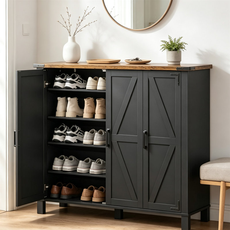 Range-chaussures à 5 niveaux avec 4 tablettes réglables et armoire latérale Farmhouse, Noir