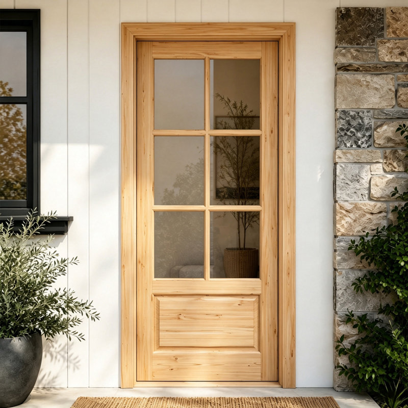 Porte d'entrée extérieure en pin massif à 6 carreaux vitrés avec cadre en bois, non finie, avec charnières noires., À droite