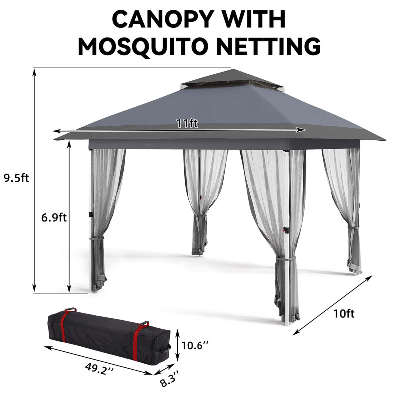 11x11ft Heavy Duty Portable Gazebo Canopy Tent with Curtains, 2-Tier Vented Roof & Mosquito Netting – Large Outdoor Patio Shade Shelter, Wheeled Bag– 9C Dark Gray + Light Gray, 3.0x3.0M