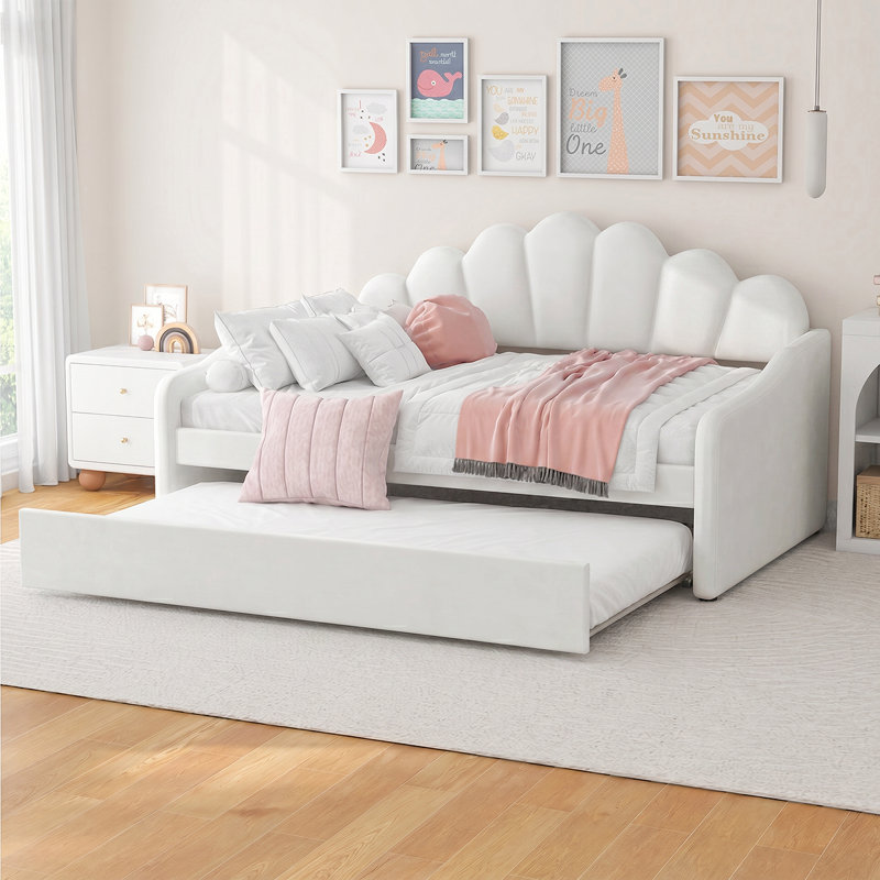 Full Size Upholstery Daybed Frame with Shall Shaped Backrest and Trundle Guest Bed, White, Full